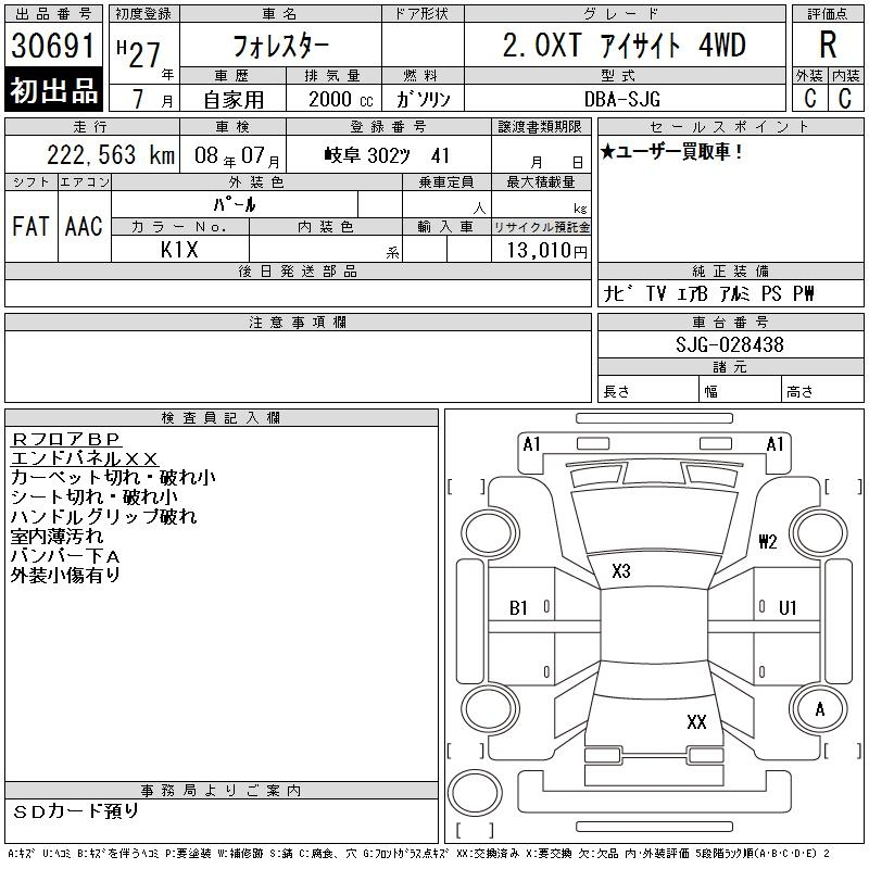 Аукционный лист SUBARU FORESTER 2015