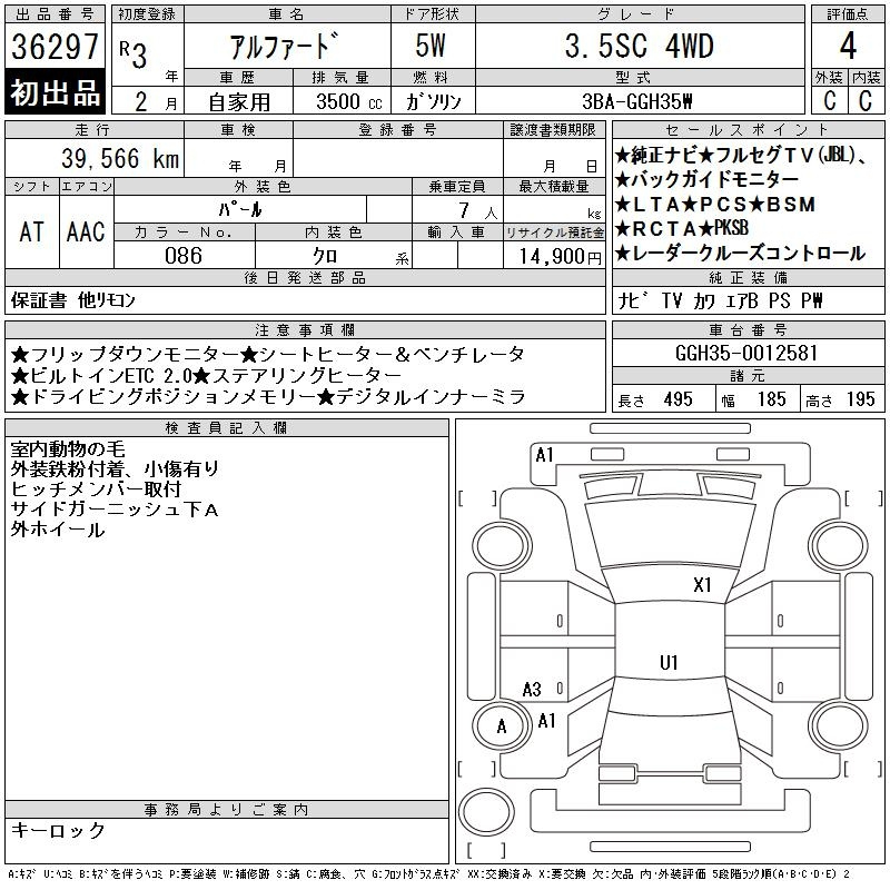 Аукционный лист TOYOTA ALPHARD 2021