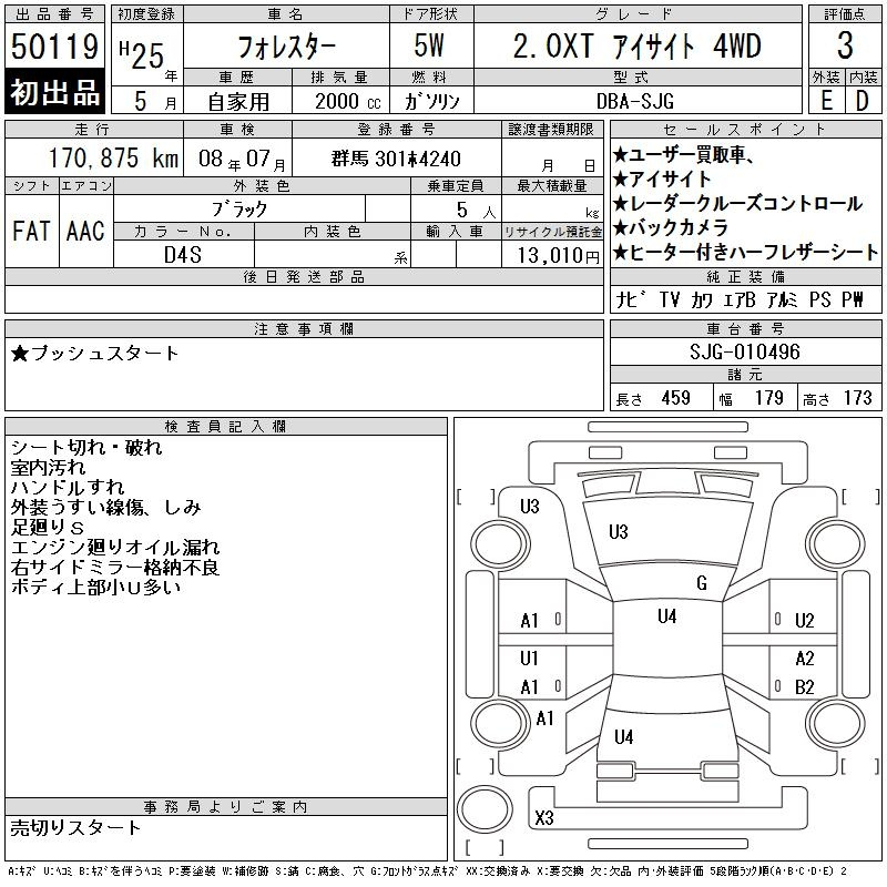 Аукционный лист SUBARU FORESTER 2013