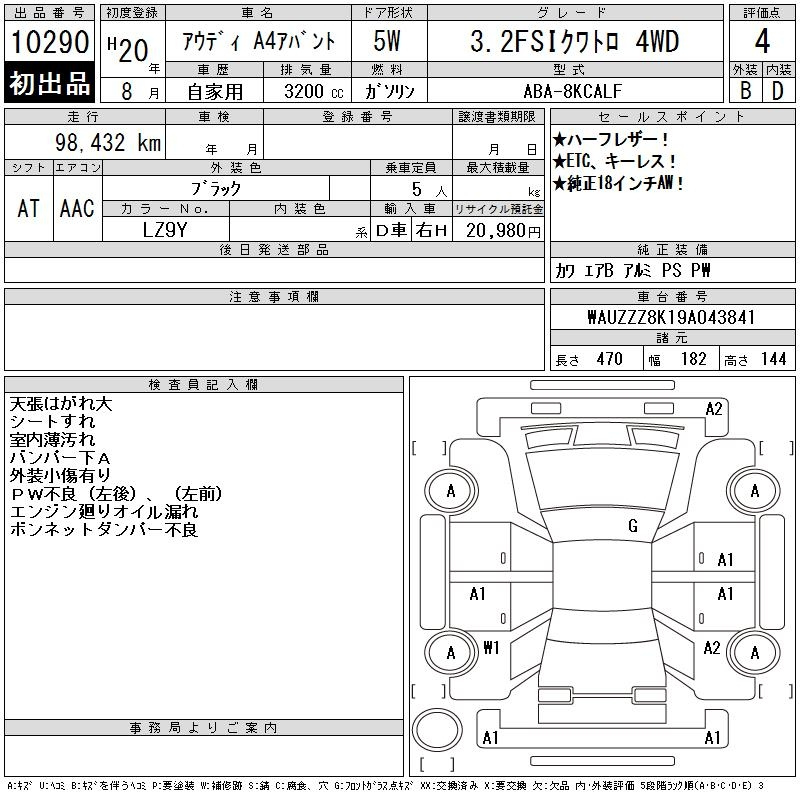 Аукционный лист AUDI A4 2008