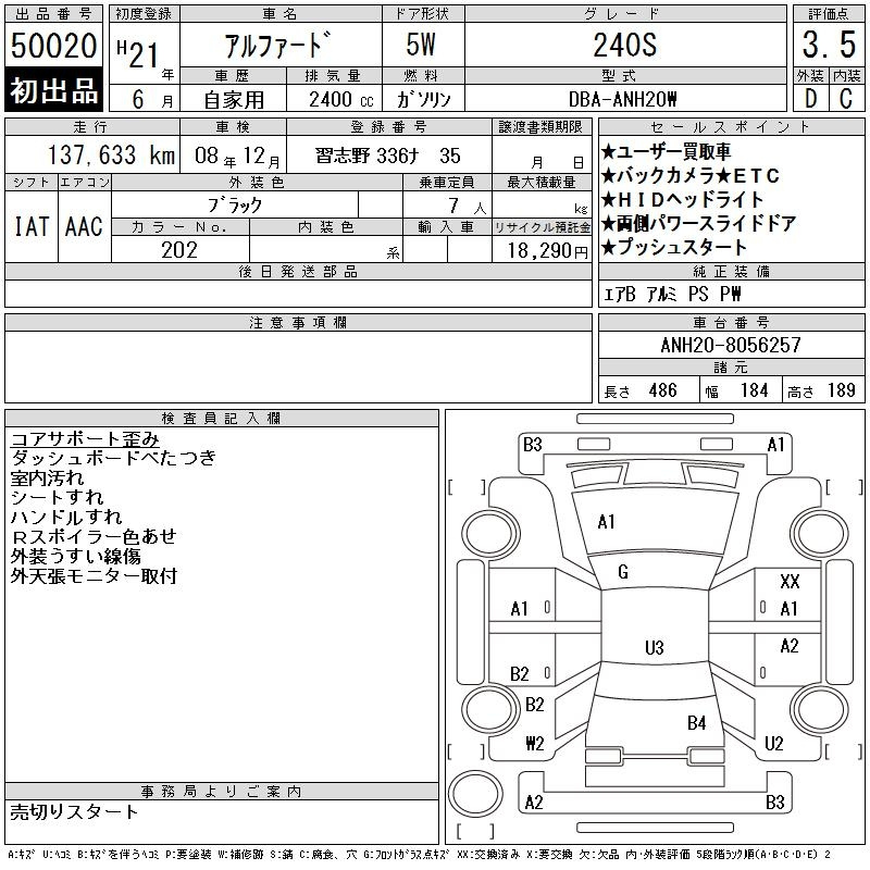 Аукционный лист TOYOTA ALPHARD 2009