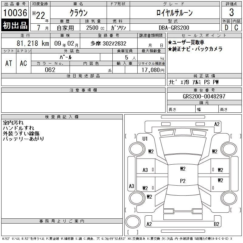 Аукционный лист TOYOTA CROWN 2010