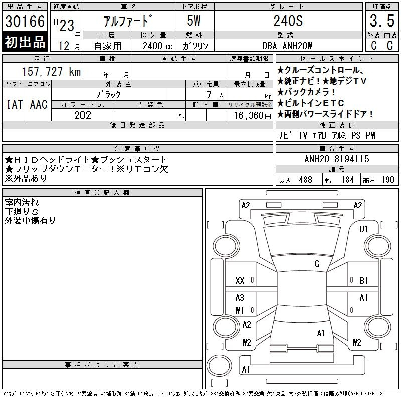 Аукционный лист TOYOTA ALPHARD 2011