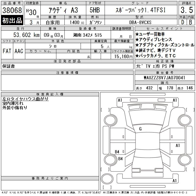 Аукционный лист AUDI A3 2018