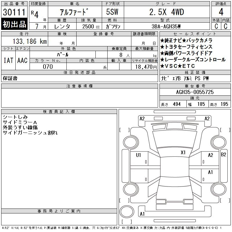 Аукционный лист TOYOTA ALPHARD 2022