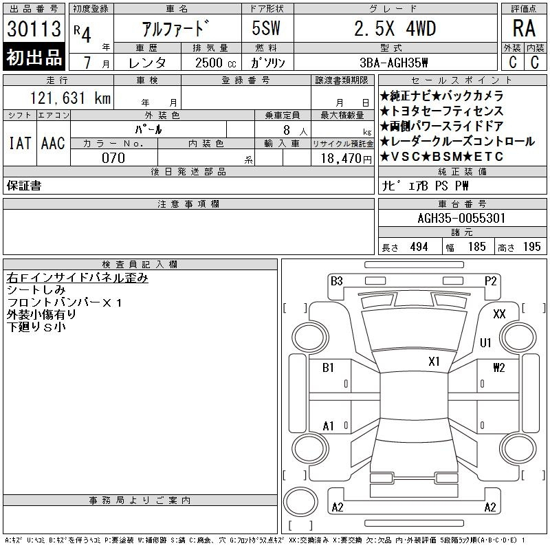 Аукционный лист TOYOTA ALPHARD 2022