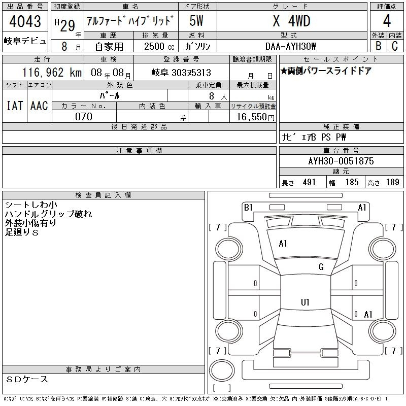 Аукционный лист TOYOTA ALPHARD 2017
