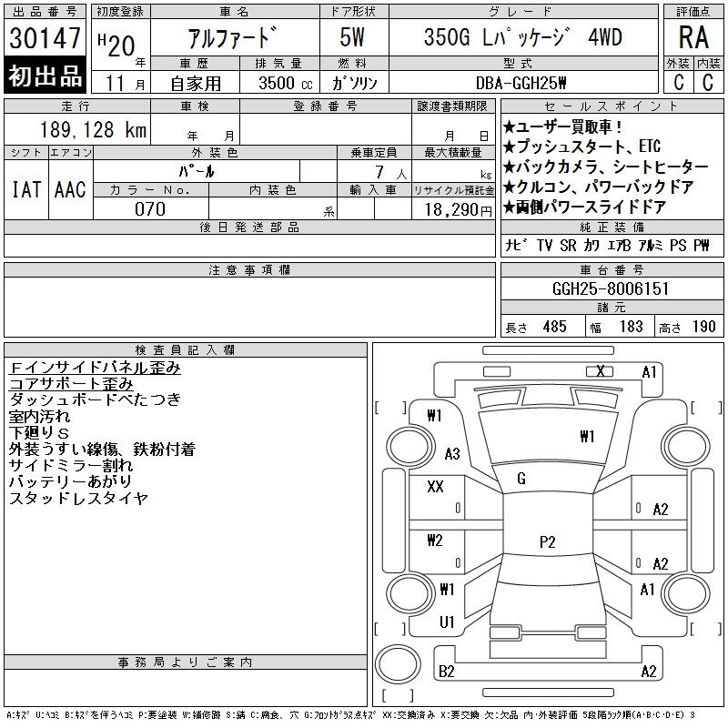 Аукционный лист TOYOTA ALPHARD 2008