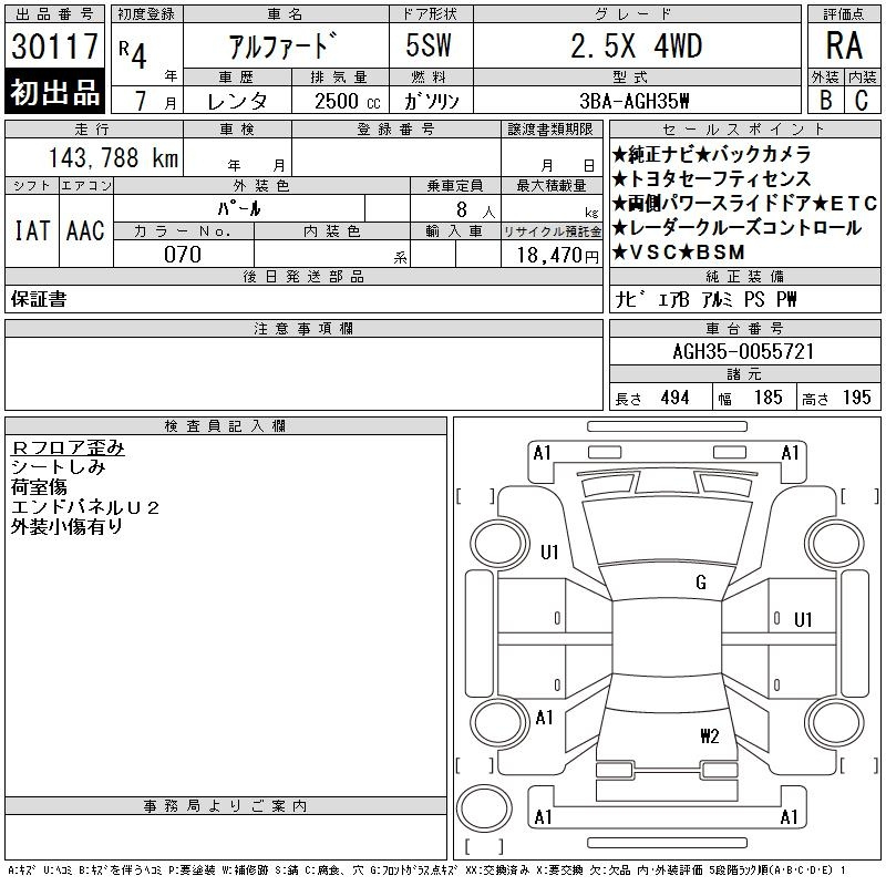 Аукционный лист TOYOTA ALPHARD 2022
