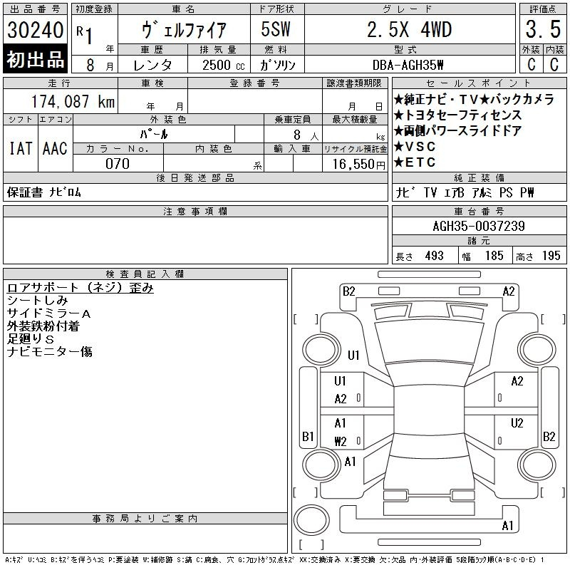 Аукционный лист TOYOTA VELLFIRE 2019