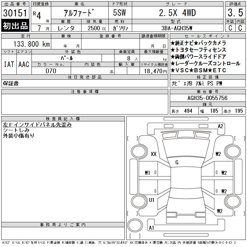 Аукционный лист TOYOTA ALPHARD 2022