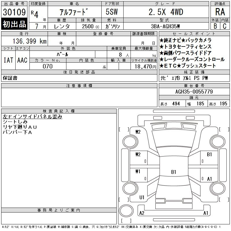 Аукционный лист TOYOTA ALPHARD 2022