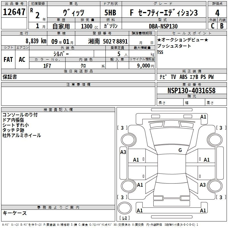Аукционный лист TOYOTA VITZ 2020