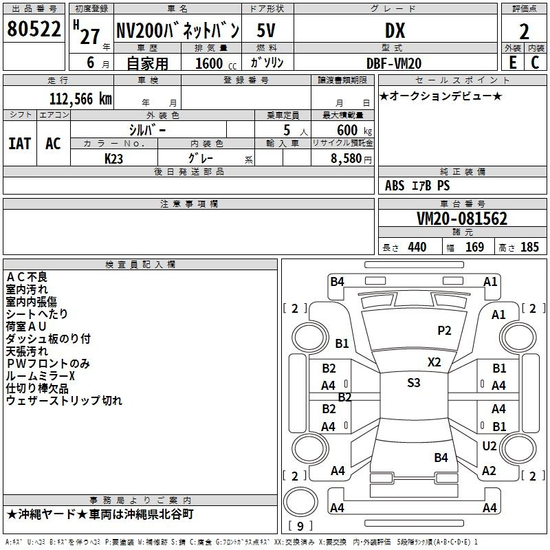 Аукционный лист NISSAN NV200 2015