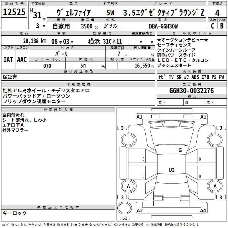 Аукционный лист TOYOTA VELLFIRE 2019