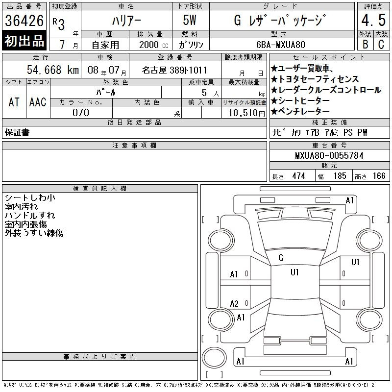 Аукционный лист TOYOTA HARRIER 2021