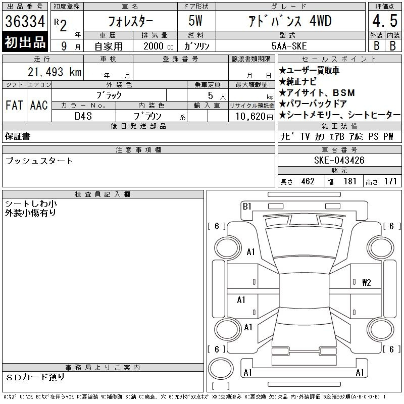 Аукционный лист SUBARU FORESTER 2020
