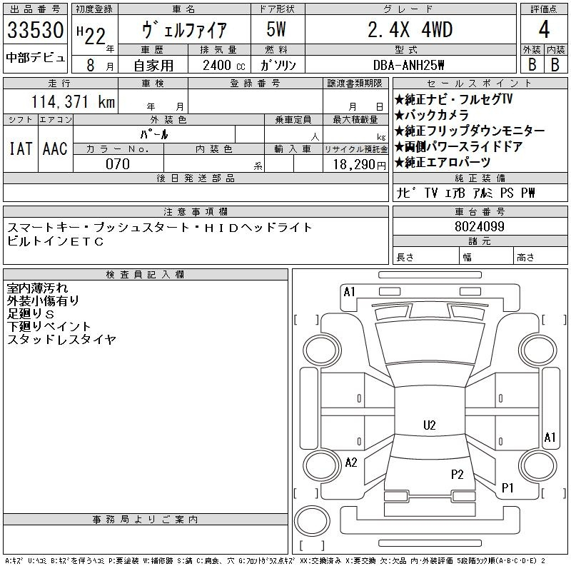 Аукционный лист TOYOTA VELLFIRE 2010