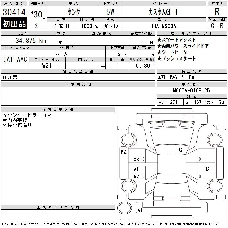 Аукционный лист TOYOTA TANK 2018