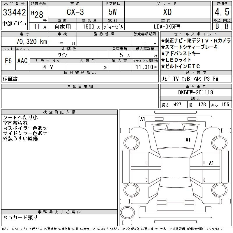 Аукционный лист MAZDA CX-3 2016