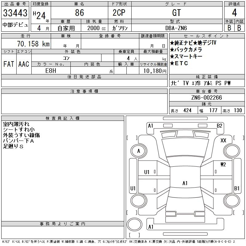 Аукционный лист TOYOTA 86 2012