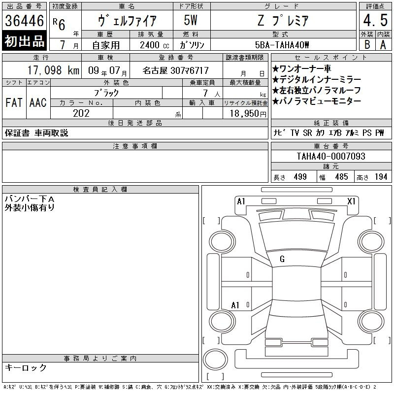 Аукционный лист TOYOTA VELLFIRE 2024