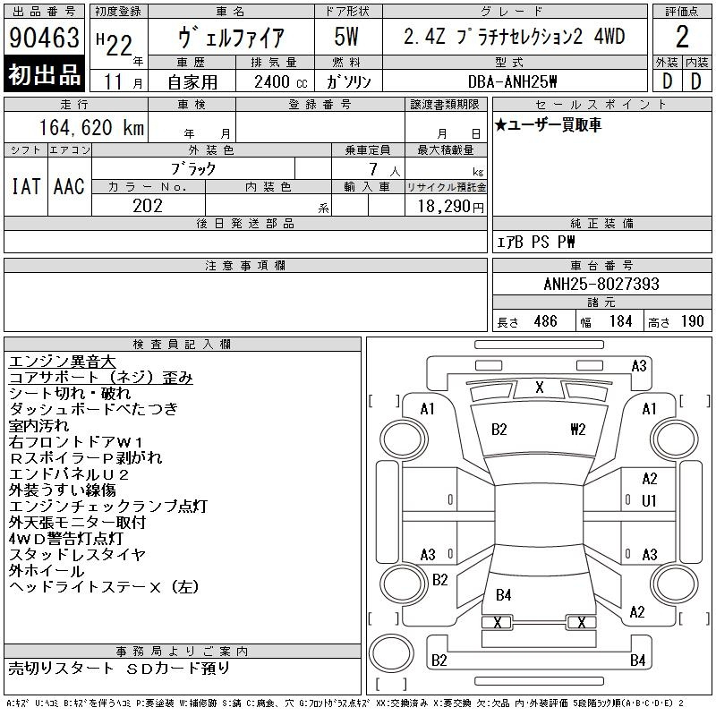 Аукционный лист TOYOTA VELLFIRE 2010
