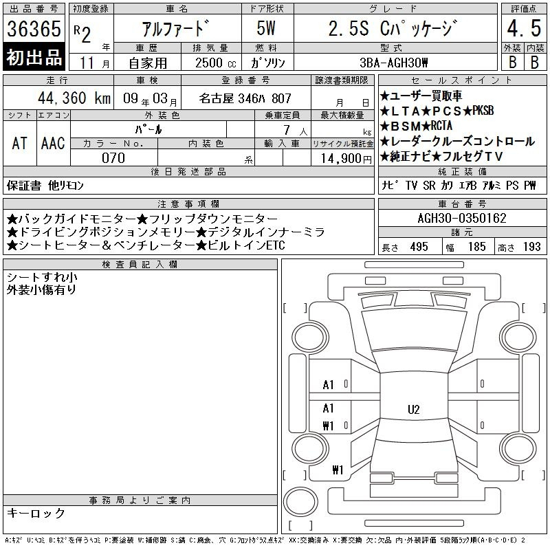 Аукционный лист TOYOTA ALPHARD 2020