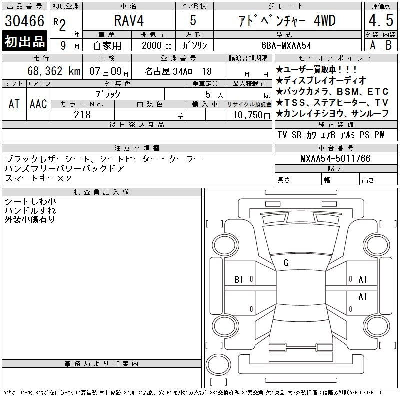 Аукционный лист TOYOTA RAV4 2020