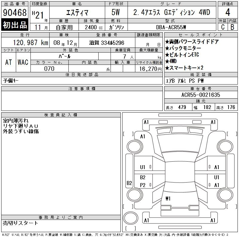 Аукционный лист TOYOTA ESTIMA 2009
