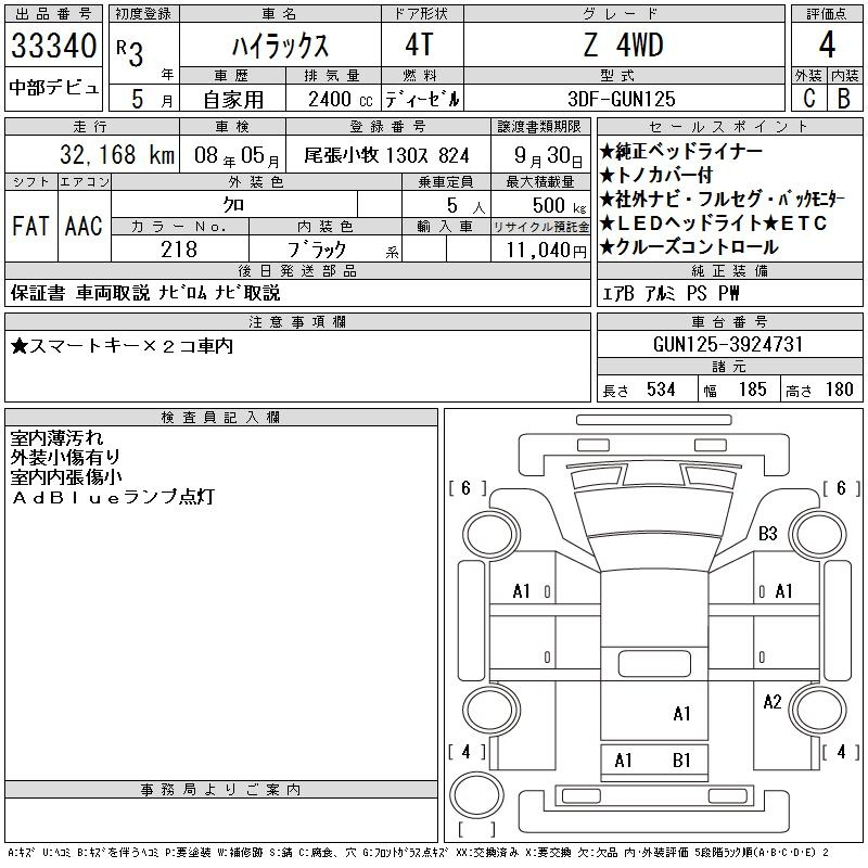 Аукционный лист TOYOTA HILUX 2021