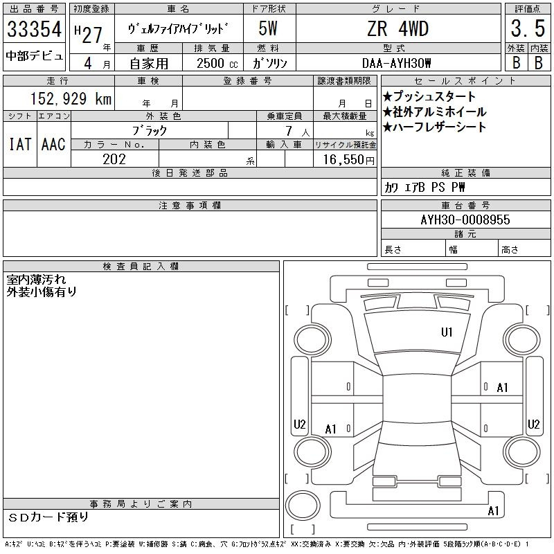 Аукционный лист TOYOTA VELLFIRE 2015