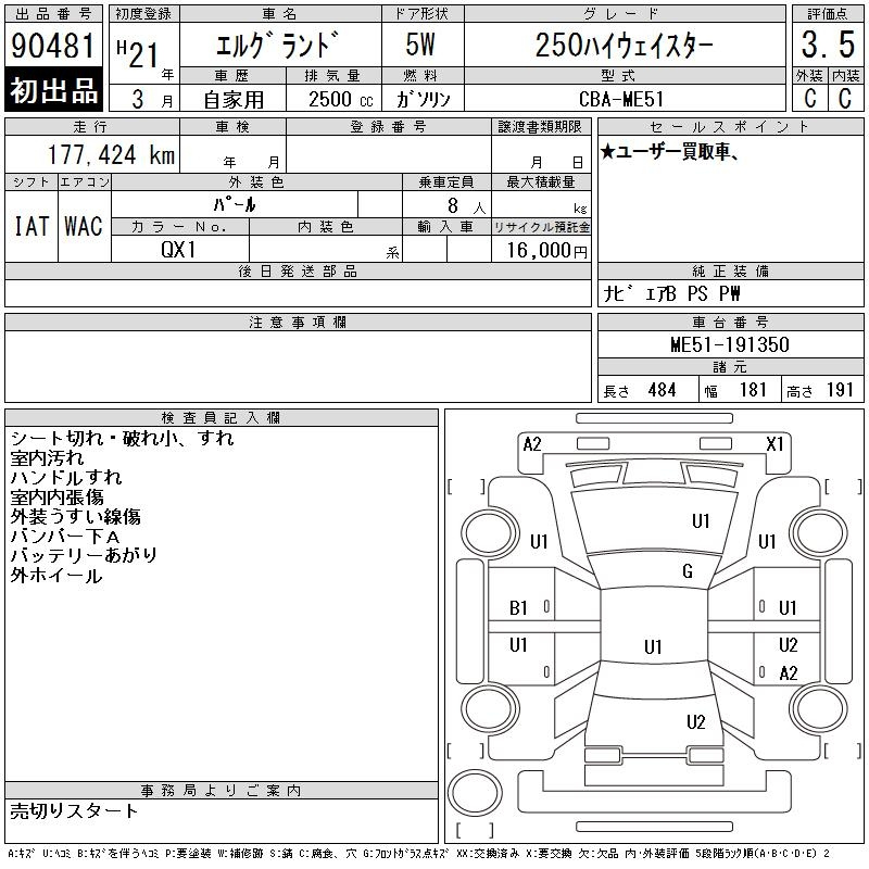 Аукционный лист NISSAN ELGRAND 2009