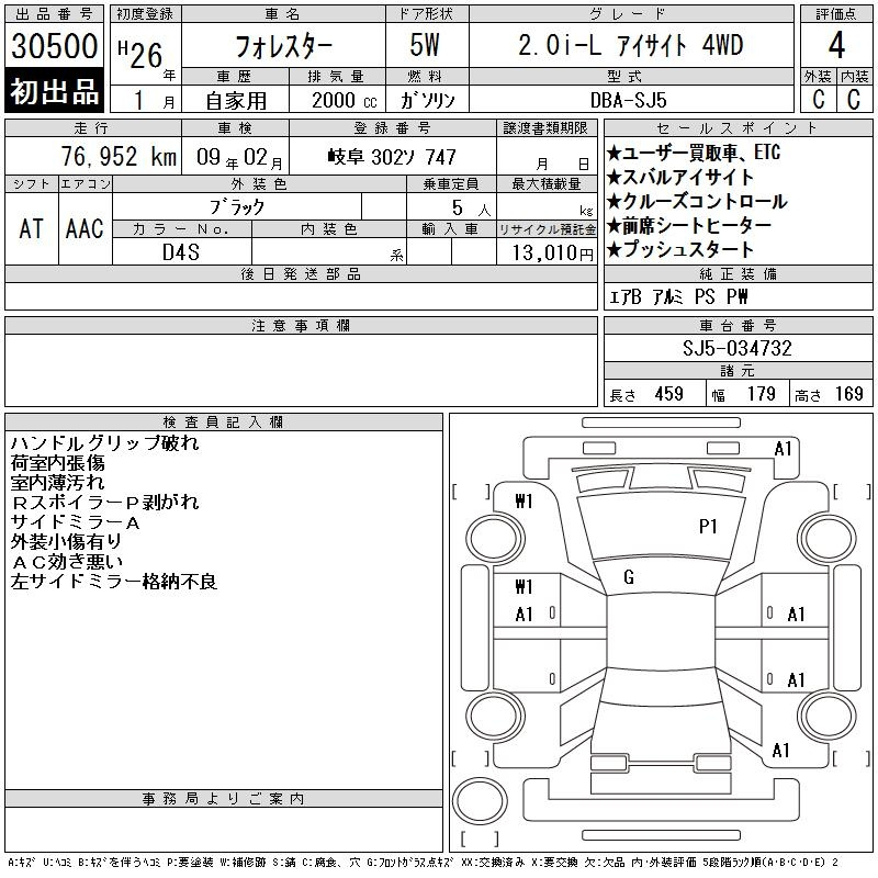 Аукционный лист SUBARU FORESTER 2014