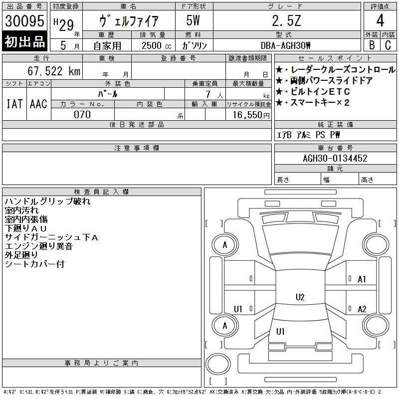 Аукционный лист TOYOTA VELLFIRE 2017
