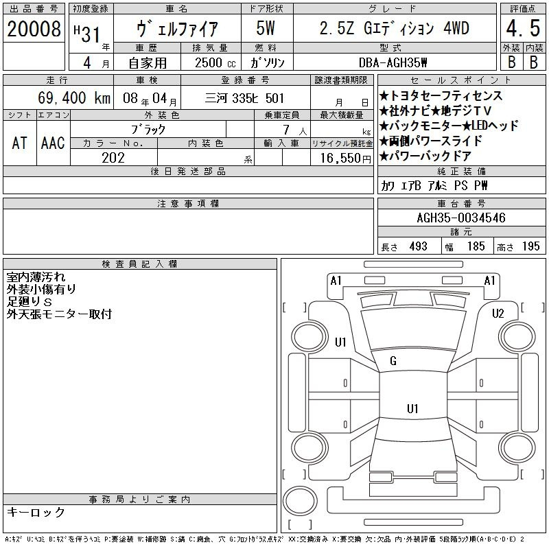 Аукционный лист TOYOTA VELLFIRE 2019