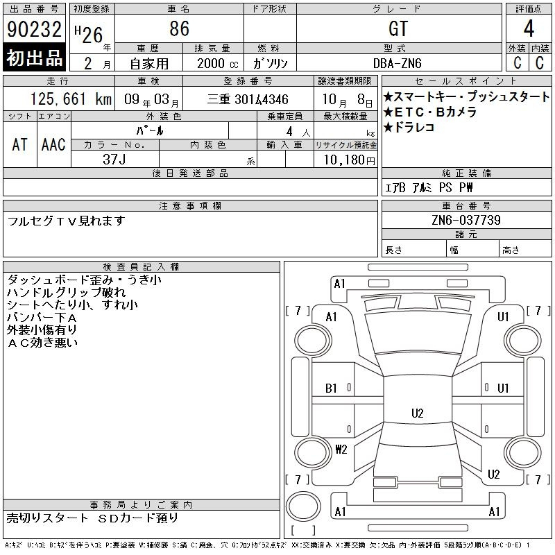 Аукционный лист TOYOTA 86 2014