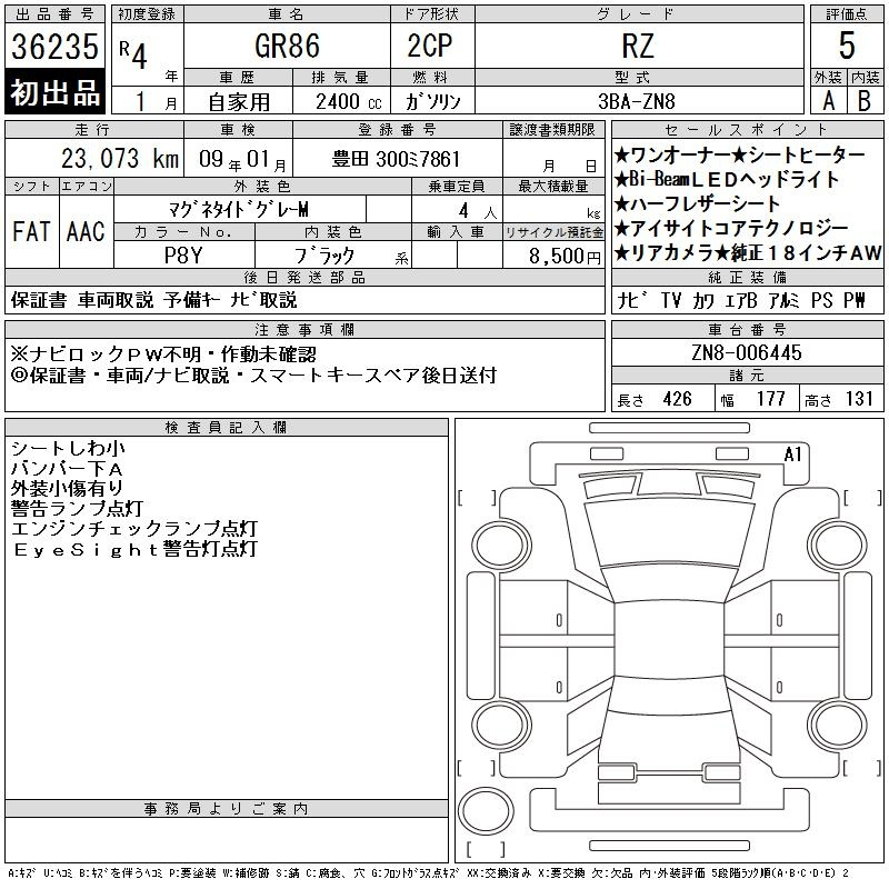 Аукционный лист TOYOTA 86 2022