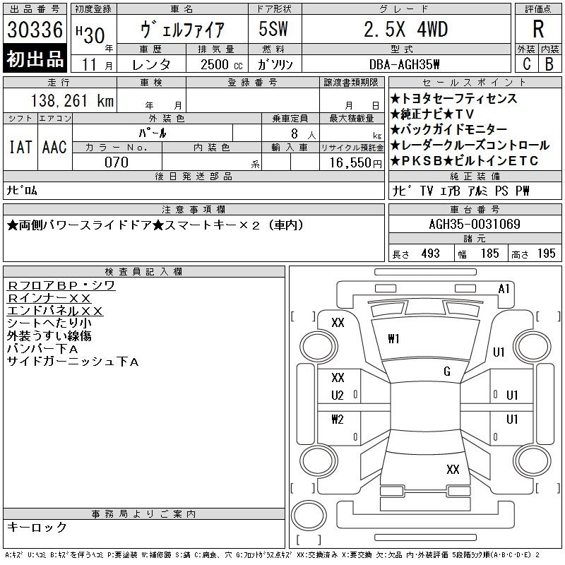 Аукционный лист TOYOTA VELLFIRE 2018