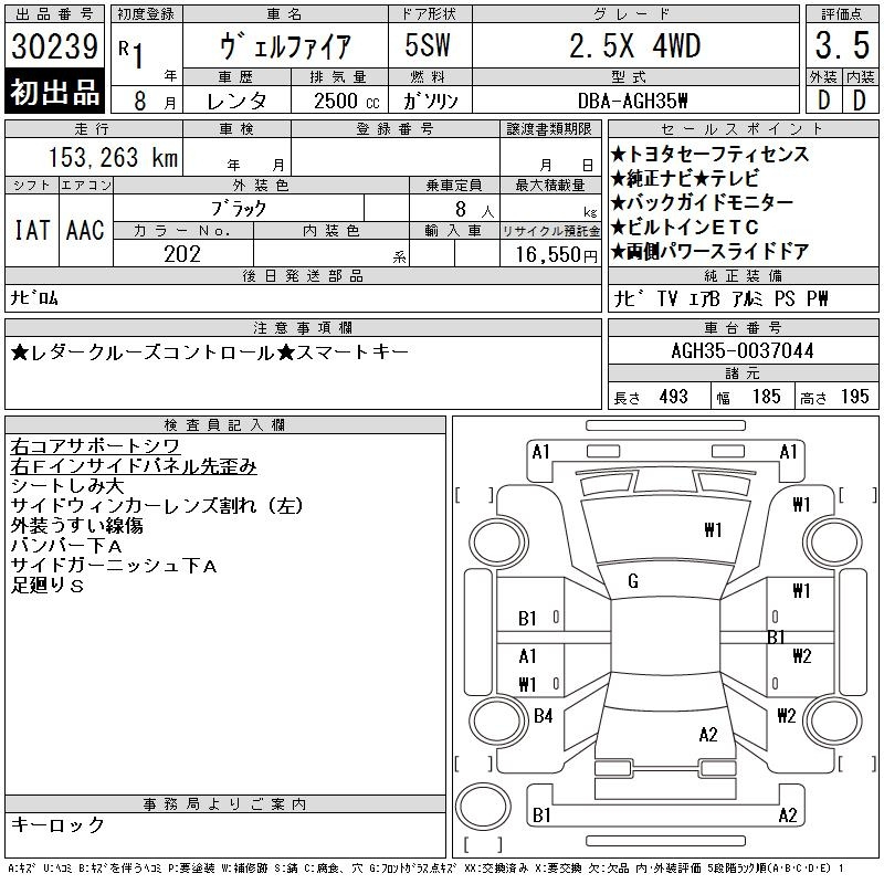 Аукционный лист TOYOTA VELLFIRE 2019