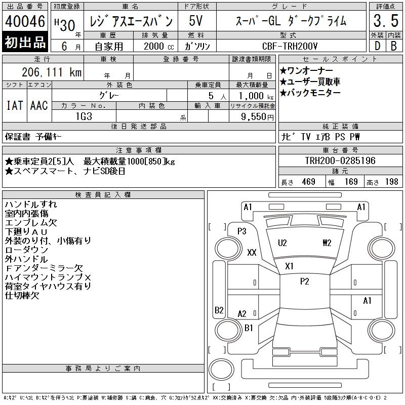 Аукционный лист TOYOTA REGIUS ACE VAN 2018
