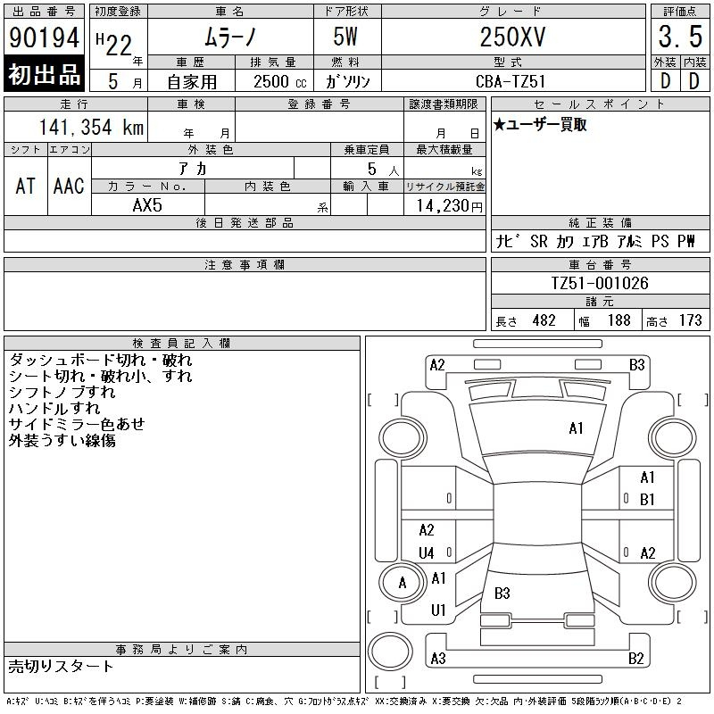 Аукционный лист NISSAN MURANO 2010
