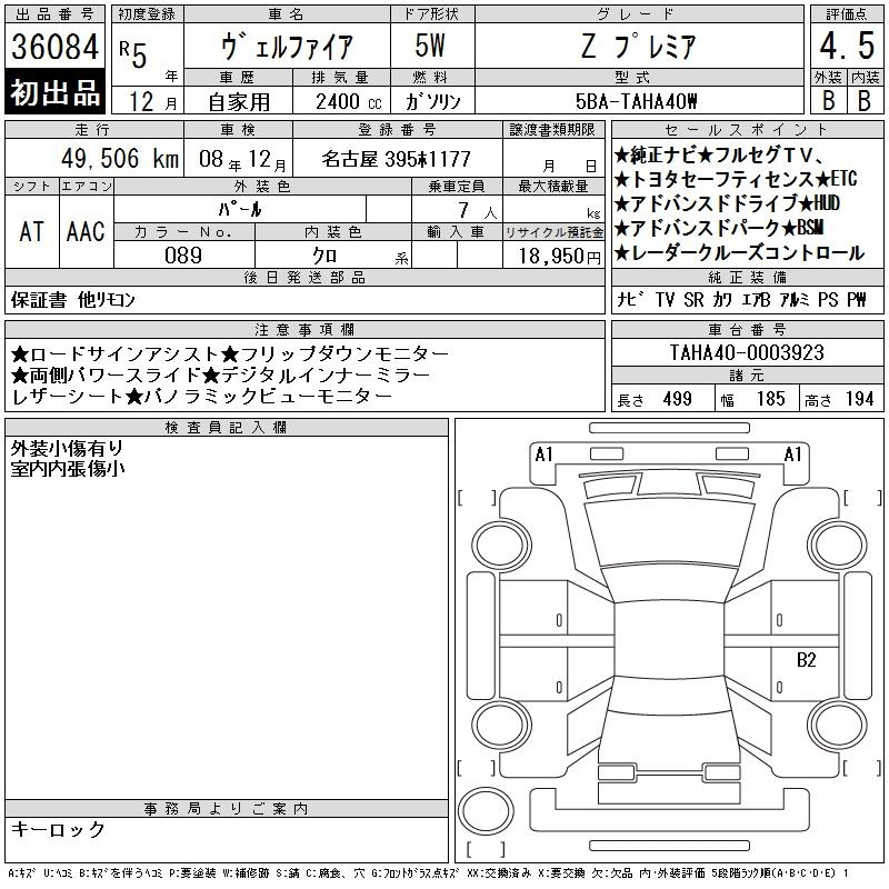 Аукционный лист TOYOTA VELLFIRE 2023