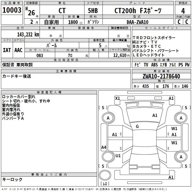 Аукционный лист LEXUS CT 2014