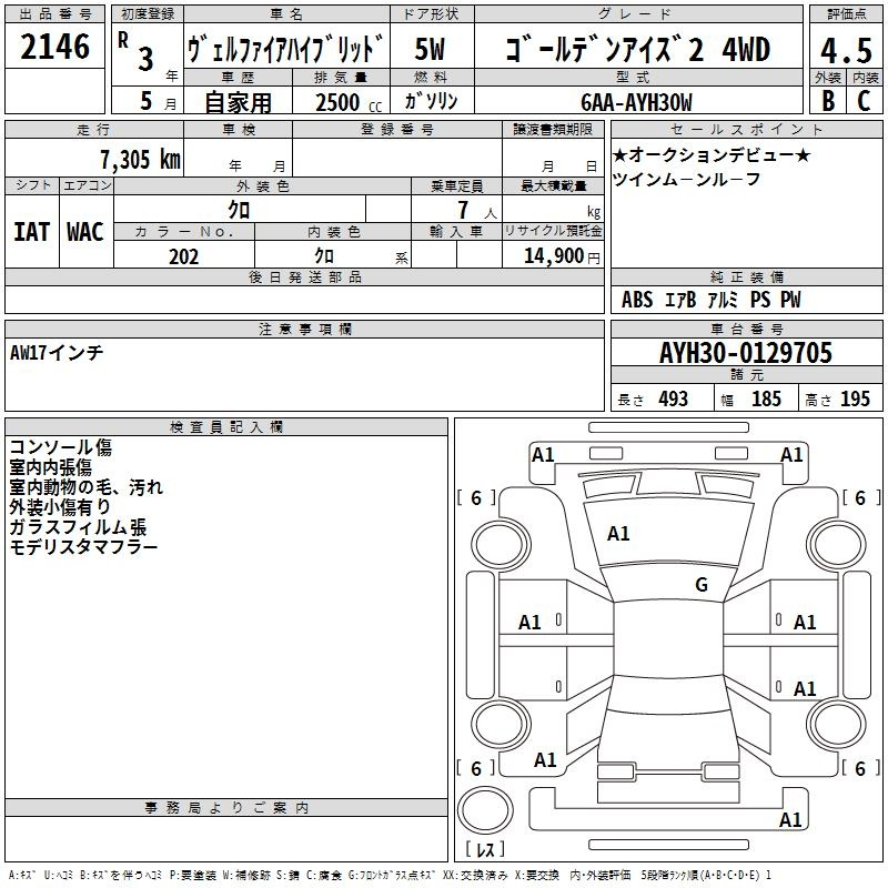 Аукционный лист TOYOTA VELLFIRE 2021
