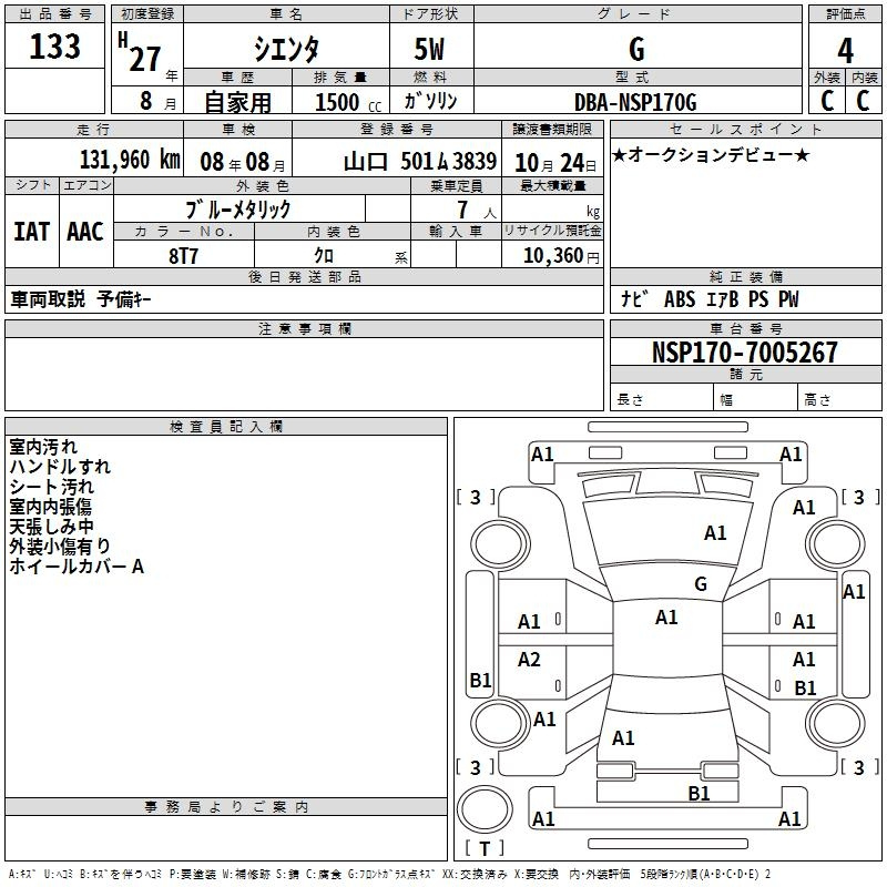 Аукционный лист TOYOTA SIENTA 2015