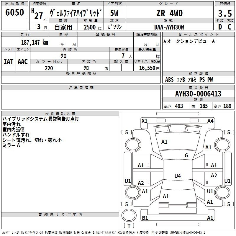 Аукционный лист TOYOTA VELLFIRE 2015