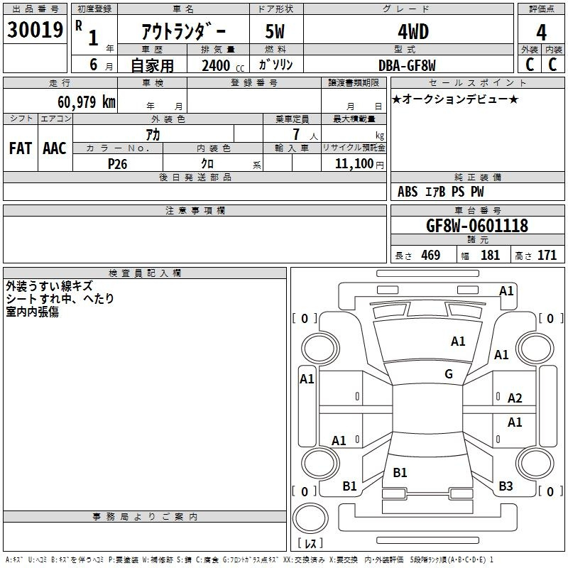 Аукционный лист MITSUBISHI OUTLANDER 2019