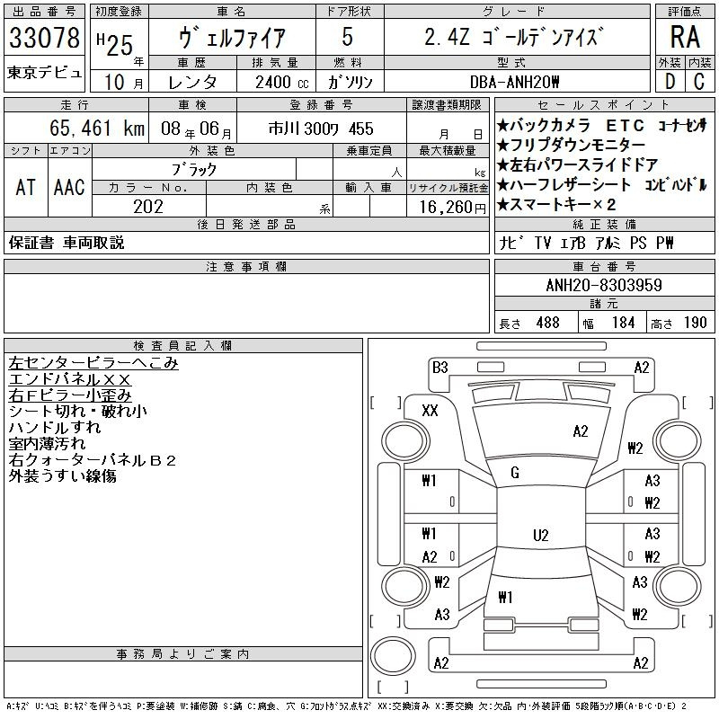 Аукционный лист TOYOTA VELLFIRE 2013