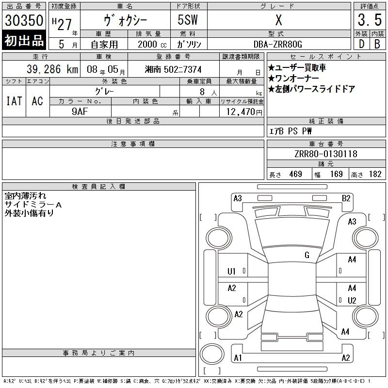 Аукционный лист TOYOTA VOXY 2015